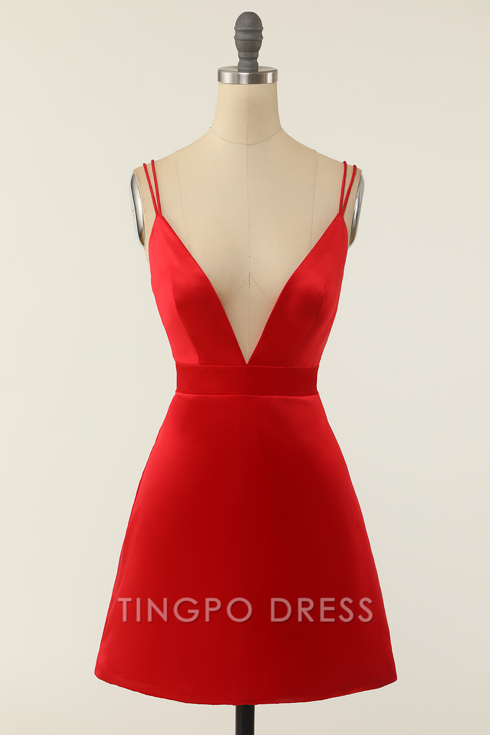 TingPo Wholesale Elegant Red Satin V-neck Cocktail Dress formal wear dresses